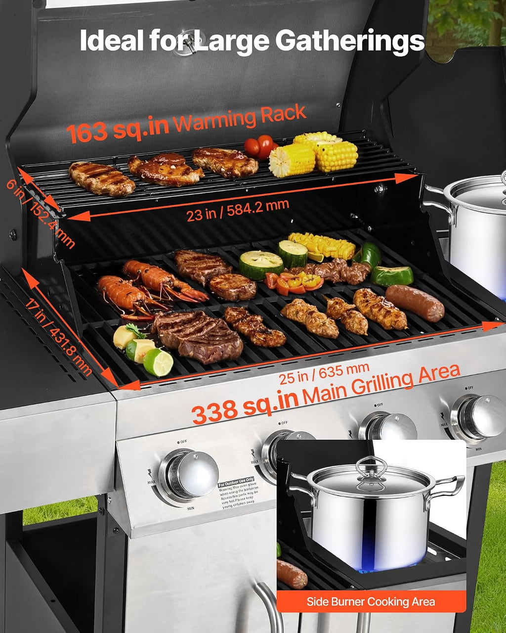 VEVOR Gas Grill, 4 Burner Propane Gas Grill with Side Burner, 425 SQ.In Grilling Area, Carbon Steel Enamel Grates, Outdoor 52,000 BTU Patio Garden BBQ Grills with Two Side Shelves, Stainless Steel