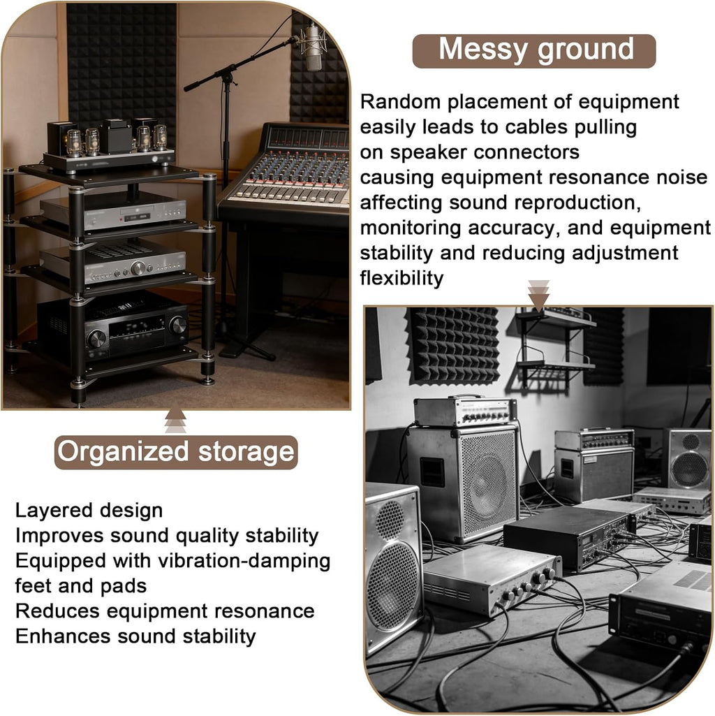 4-Tier AV Media Stand, Heavy Duty Audio Rack with Shock-Absorbing Foot pegs, Open Design av Stand, Multi-Layer Stereo Equipment Rack for Home, Office, Theater (Walnut, 4-Tiers)