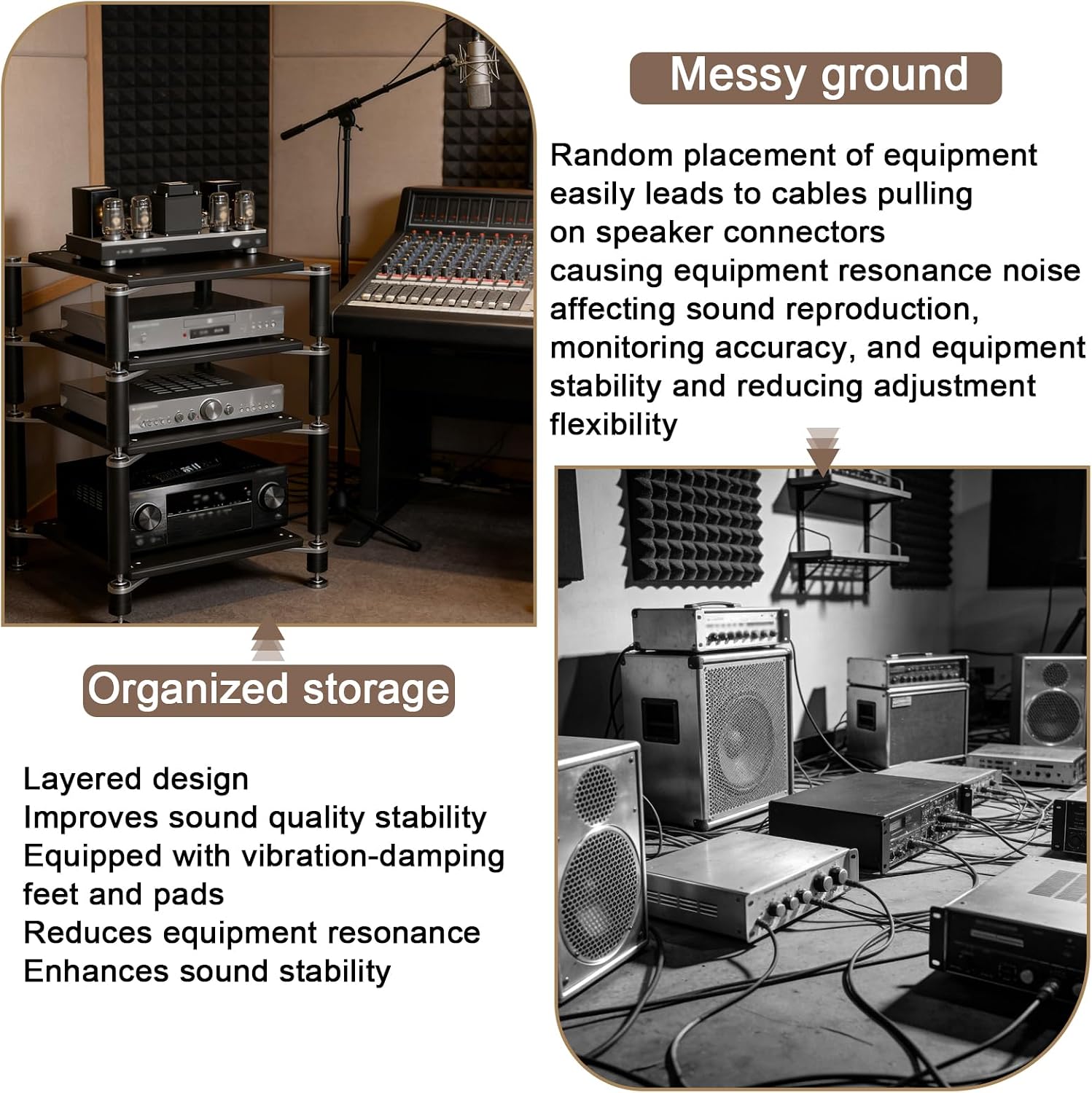 4-Tier AV Media Stand, Heavy Duty Audio Rack with Shock-Absorbing Foot pegs, Open Design av Stand, Multi-Layer Stereo Equipment Rack for Home, Office, Theater (Walnut, 4-Tiers)