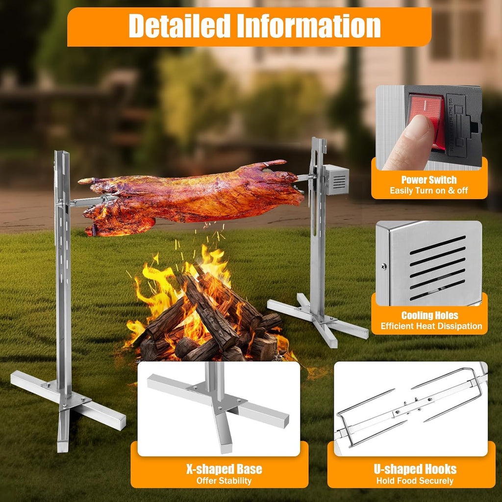 53' Electric BBQ Rotisserie Grill Kit, Rotisserie Kit for Grill with Automatic Rotisserie Motor, Pig Spit Rotisserie Grill, Height Adjustable Stainless Steel Roaster Stand for Roasting Pig Lamb