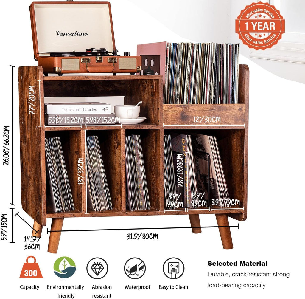 Record Player Stand, Large Record Player Table Cabinet with Open Vinyl Storage and Display Shelf Holds up to 250 Albums, Mid Century Wood Turntable for Living Room, Bedroom (Brown)