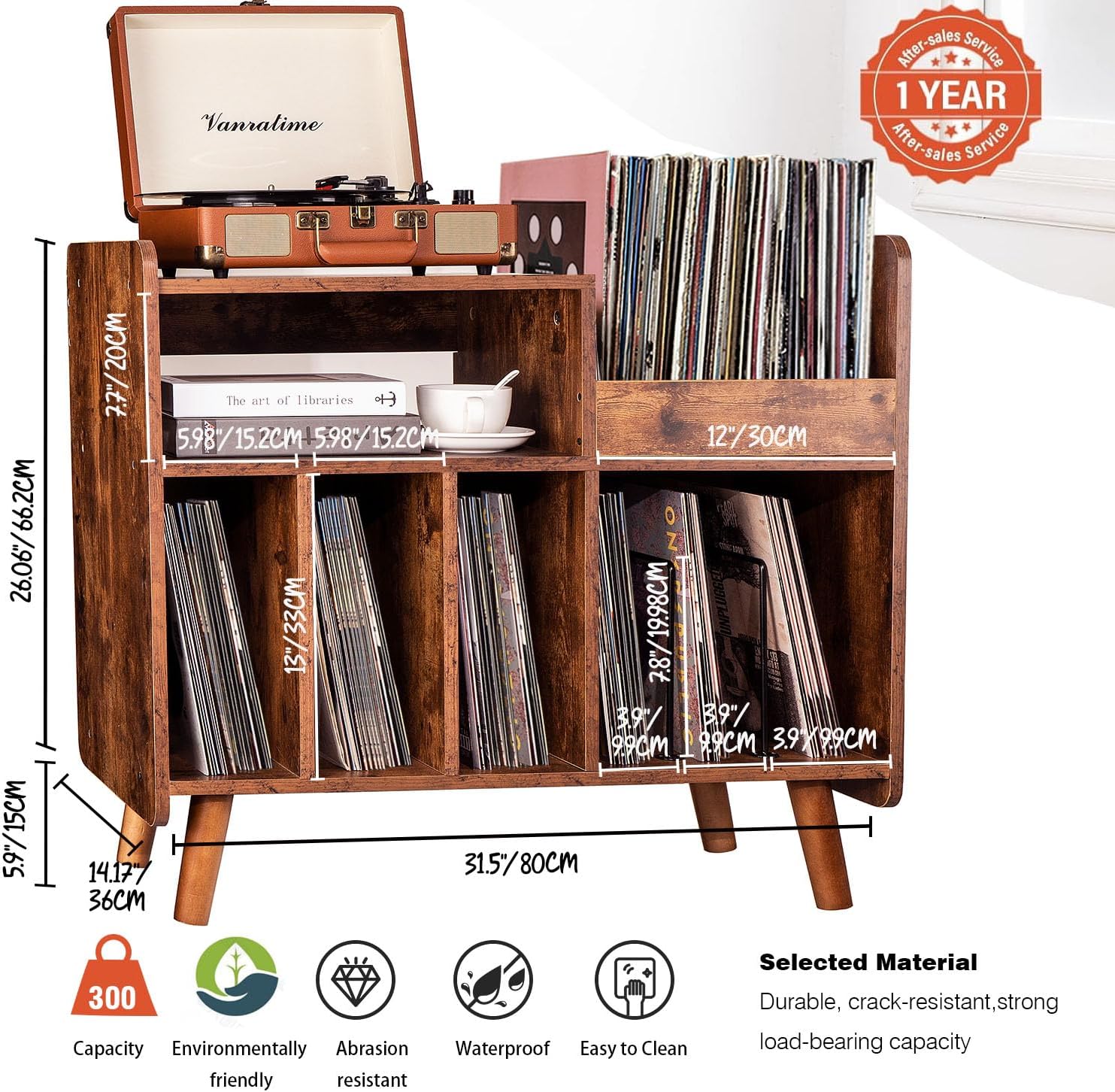 Record Player Stand, Large Record Player Table Cabinet with Open Vinyl Storage and Display Shelf Holds up to 250 Albums, Mid Century Wood Turntable for Living Room, Bedroom (Brown)