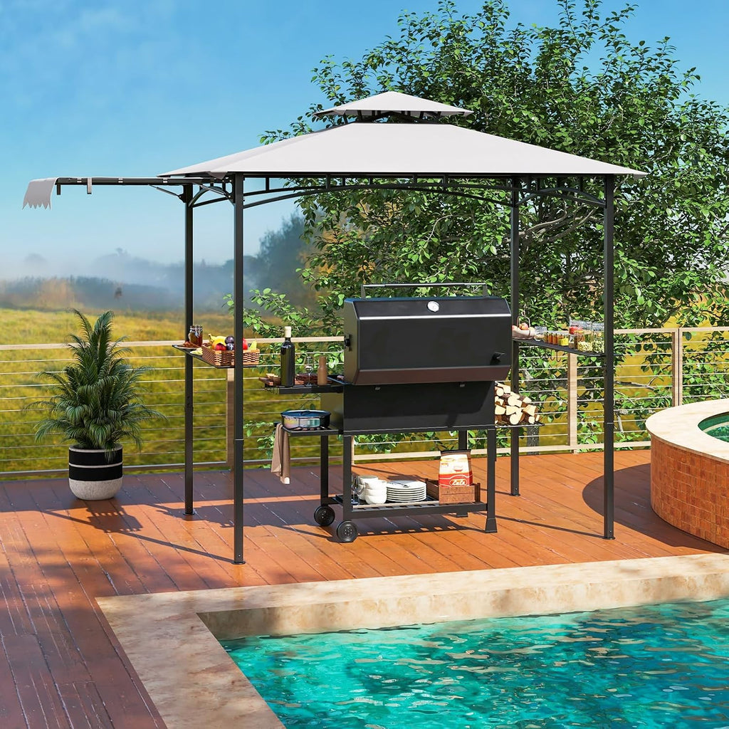 Tangkula 11x5 FT Grill Gazebo with Side Awning, 2-Tier Barbecue Gazebo with 2 Shelves, 12 Hanging Hooks, Bottle Opener, Outdoor Grill Canopy for Backyard Garden Poolside (Grey)