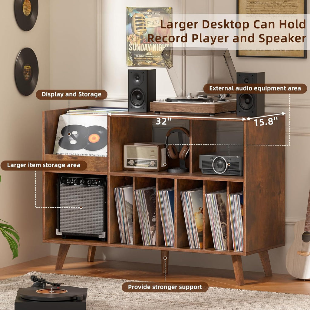 LELELINKY Large Record Player Stand, 48''Turntable Stand with Storage, Vinyl Record Holder with Display Area, Record Player Table Holds Up to 450 Albums, Record Stand for Music Room Living Room