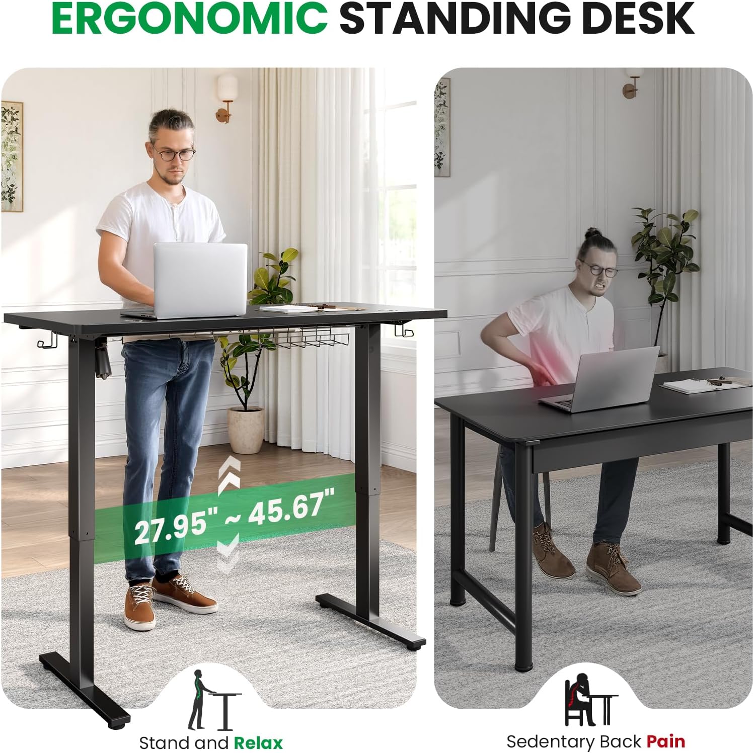SIAGO Electric Standing Desk Adjustable - 55 x 24 Inch Sit Stand up Desk with 0.8 Inch Thick Tabletop - Adjustable Height Table with 3 Memory Preset, Cable Management for Home Office