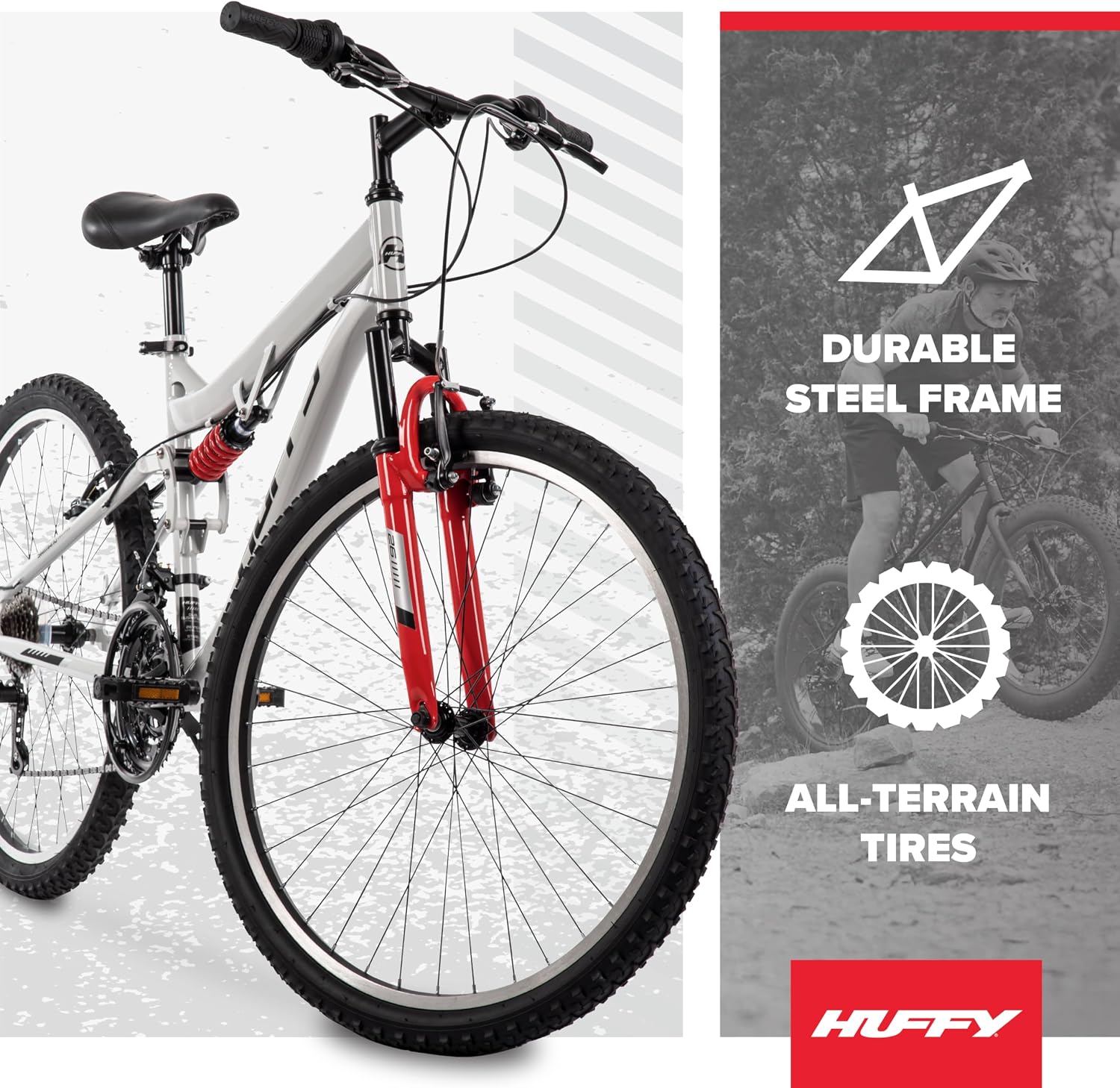 Huffy Stone Mountain Bike for Men and Women, 20'/24'/26', 6-Speed (20') or 21-Speed, Front or Dual Suspension (Varies), Multiple Colors, Adjustable Saddle, Shimano Equipped, All-Terrain Tires