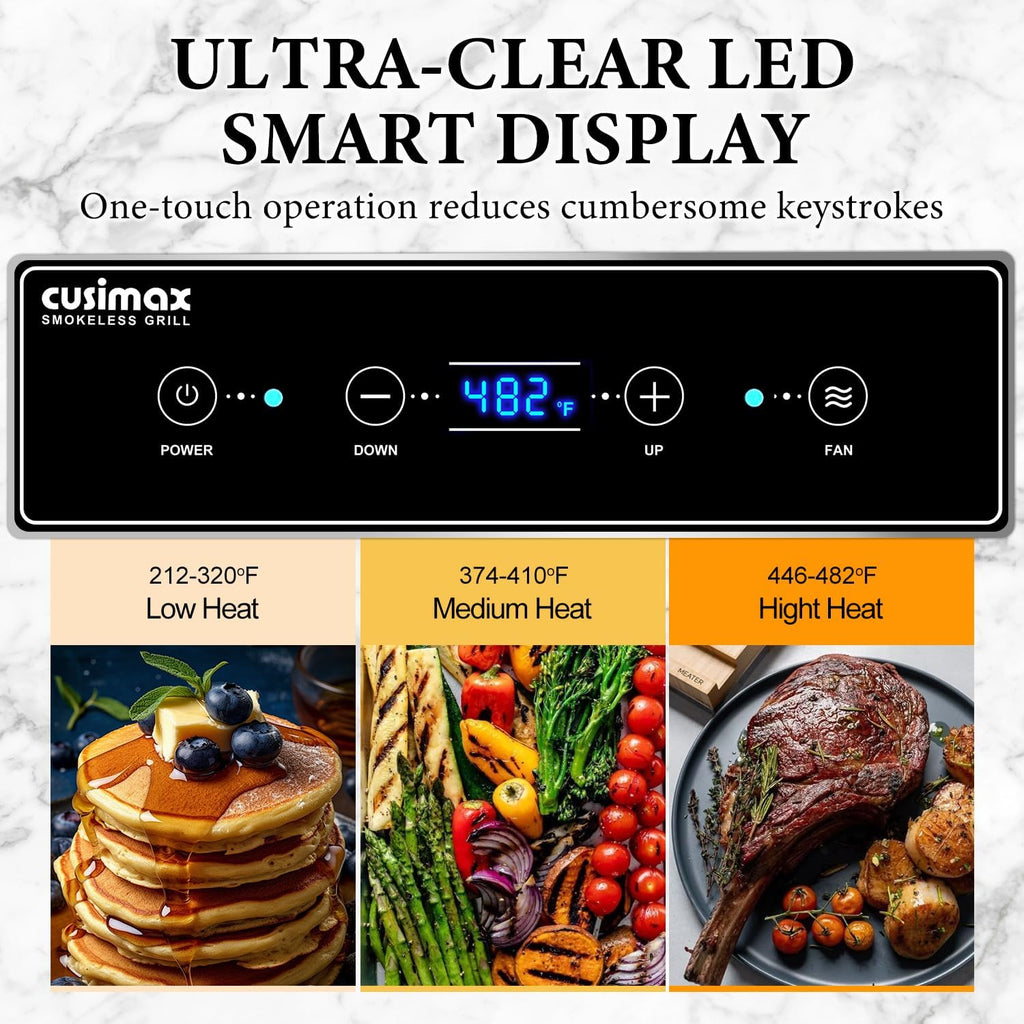 Indoor Grill, CUSIMAX Electric Smokeless Grill & Griddle with REPLACEABLE Smoke Filter Sponge, 1500W Korean BBQ Grill, Smart LED Display, Larger Grilling Area, Black(New Model)