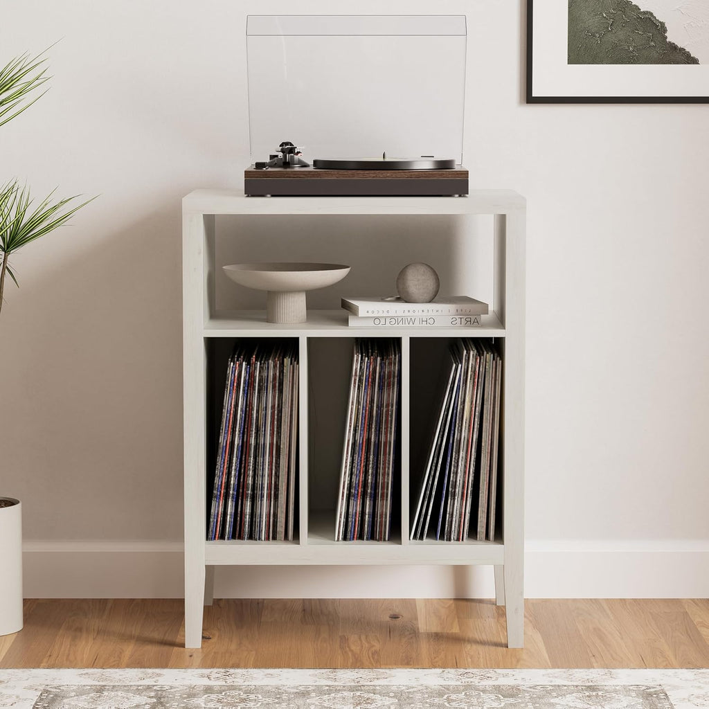 Modern Record Player Stand, Vinyl Record Storage Cabinet with Open Shelf, Wood Records Player Table Cube Storage Organizer for Living Room, Office, Antique White