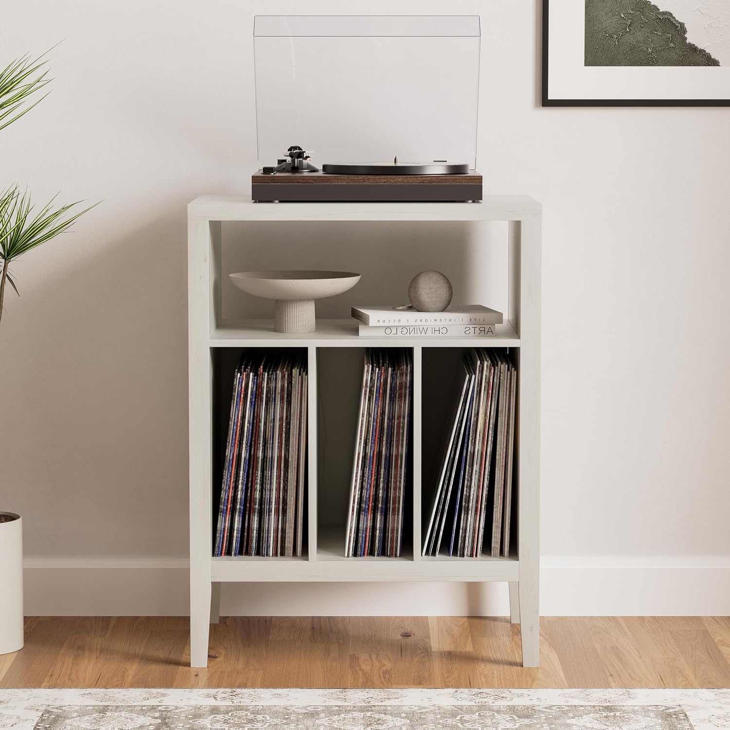 Modern Record Player Stand, Vinyl Record Storage Cabinet with Open Shelf, Wood Records Player Table Cube Storage Organizer for Living Room, Office, Antique White