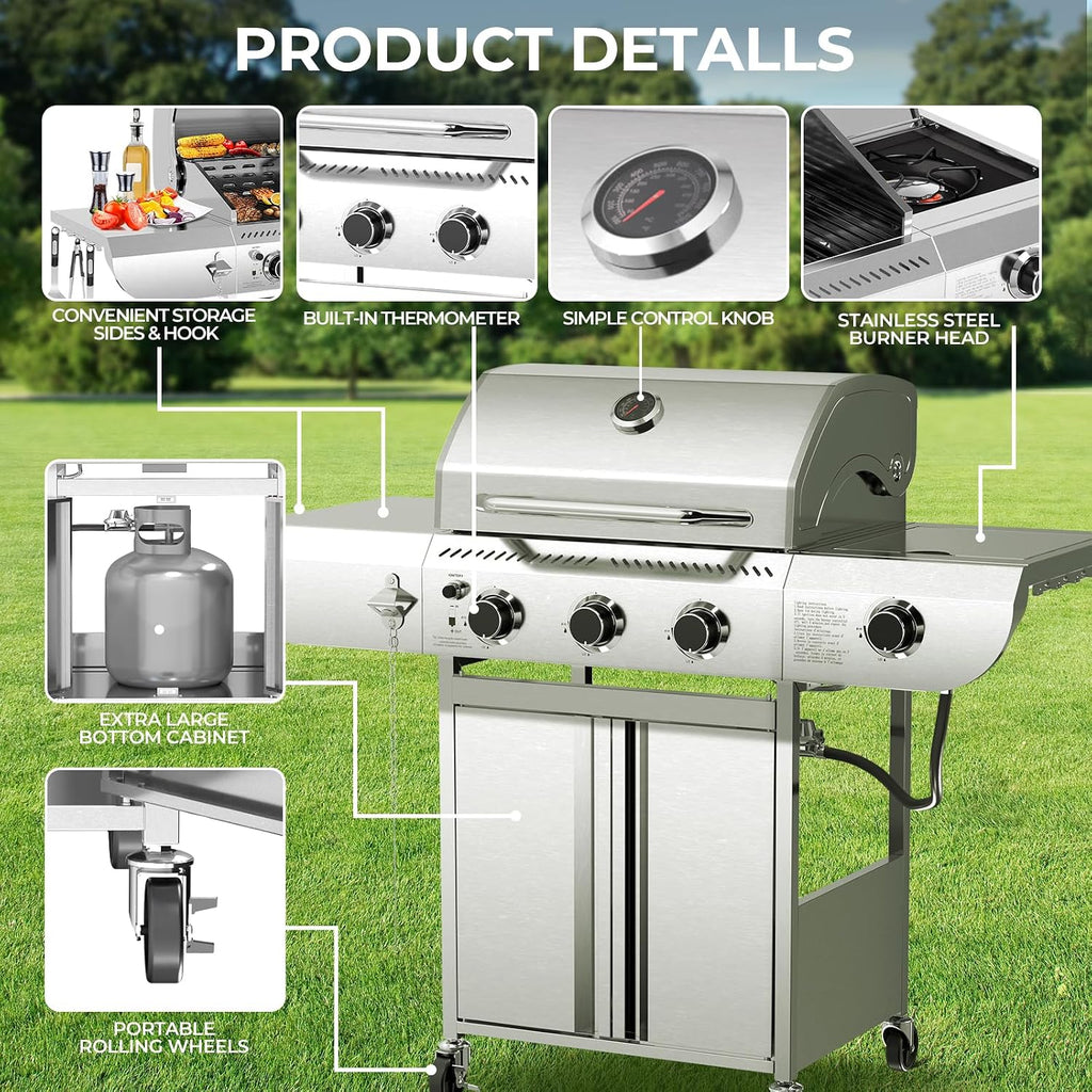 Electactic 3-Burner Propane Gas Grill with Side Burner – 34,000 BTU Stainless Steel Outdoor BBQ Grill, Cast Iron Grates, Portable with Wheels for Patio, Camping