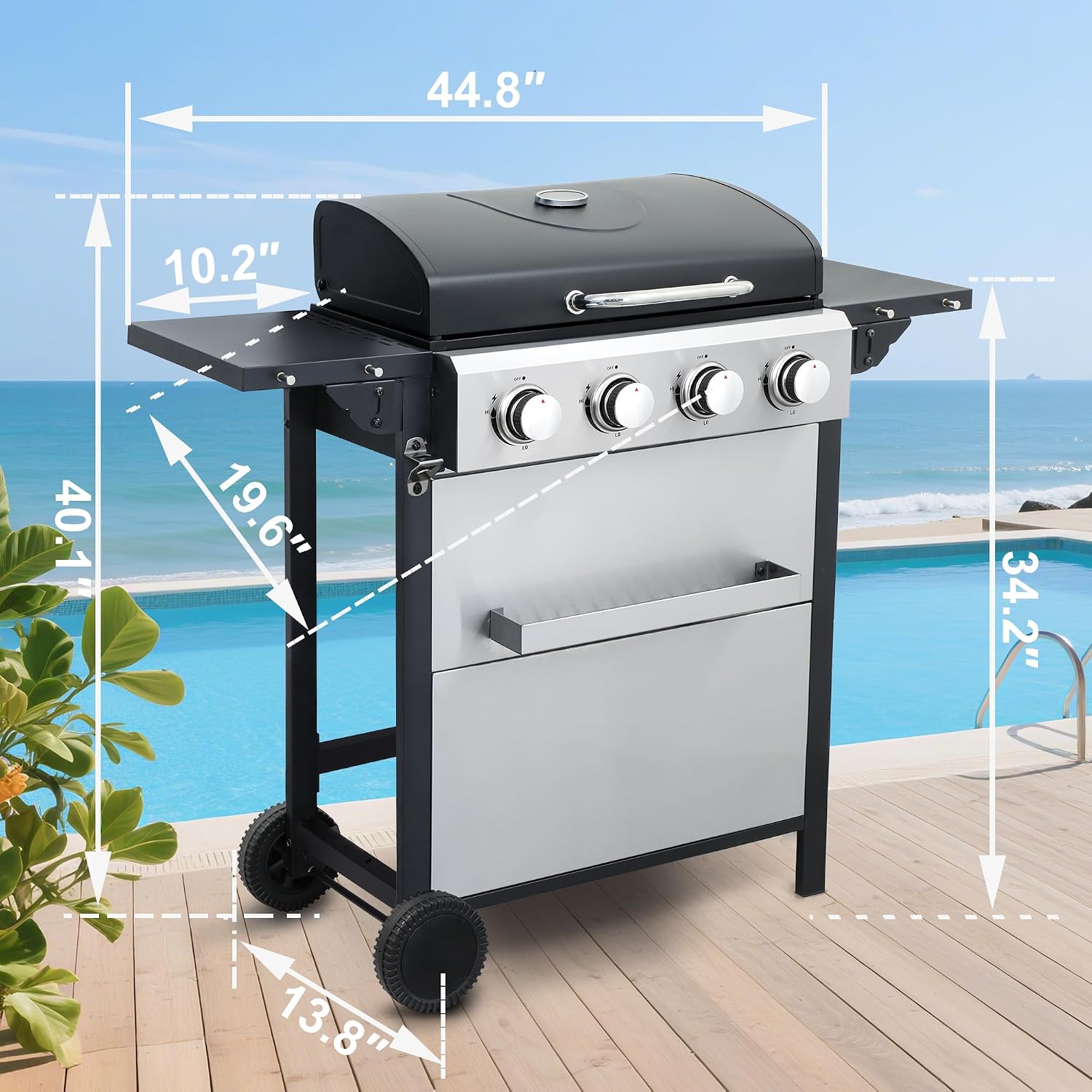 4-Burner Propane Gas Grill, Stainless Steel Control Panel, Easy Ignition, Temperature Gauge, 2-Enameled Cooking Grids, Portable With Wheels For 34,200 BTU Outdoor Barbecue BBQ Grill