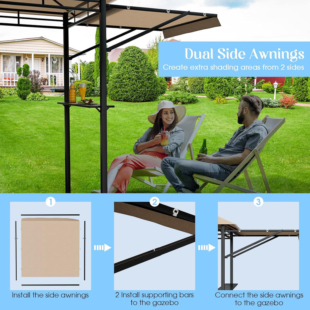 Tangkula 13.5x4 Ft Grill Gazebo with Dual Side Awnings, Double Tiered BBQ Gazebo with 2 Side Shelves, Heavy-Duty Steel Frame, CPAI-84 Barbecue Grill Gazebo Shelter for Patio, Garden, Beach, Terrace