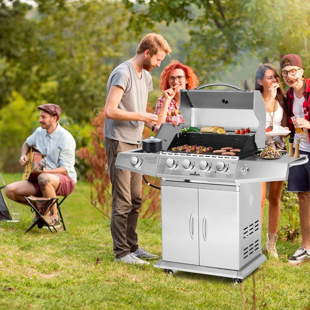 Polar Aurora Propane Gas Grill 4 Burners with Side Burner, Stainless Steel Grill Cart with Wheels for Outdoor Patio Garden Backyard Cooking bbq Grill