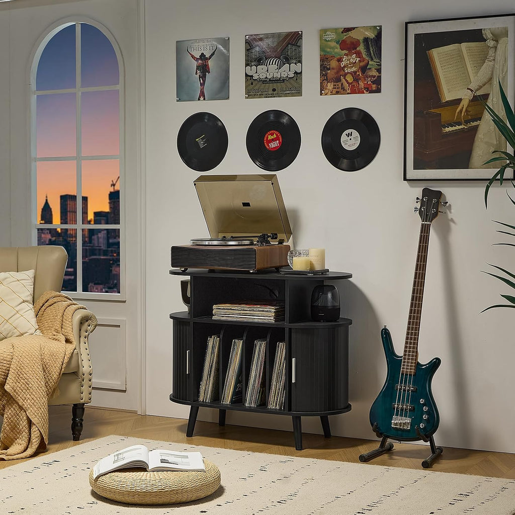 LELELINKY Large Round Record Player Stand with Charging Station & Fluted Display Shelf, Black Mid Century Modern Turntable Cabinet with Vinyl Storage, Arched Wood Record Player Table for Living Room