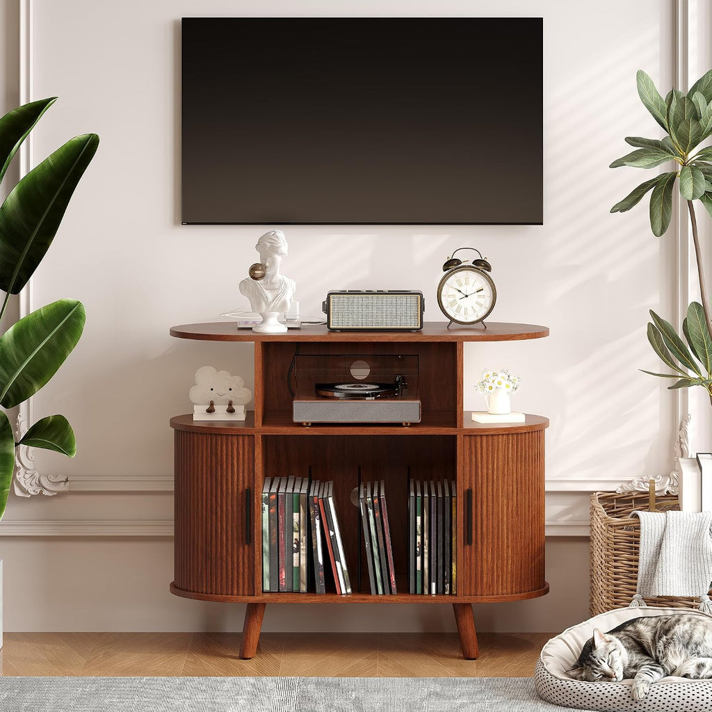 GarveeHome Large Round Record Player Stand with Charging Station and USB Ports, Rustic Vinyl Record Player Turntable Stand Storage Cabinet with Open Shelves Holder Mid-Century Design