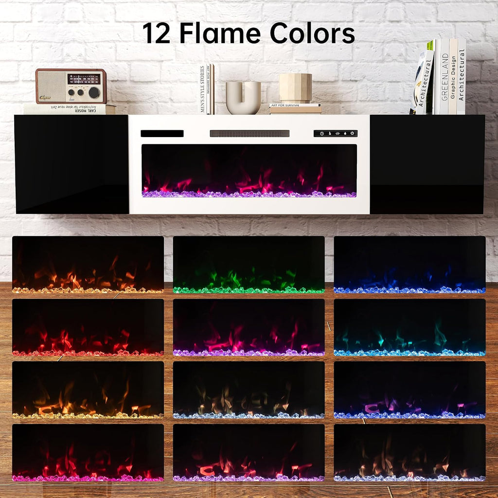 Real Relax 70' Floating TV Stand with 36' Electric Fireplace, Wall Mounted Entertainment Center with Storage, Remote Control, Modern LED Lights Fireplace TV Console for TVs Up to 80', Black/White