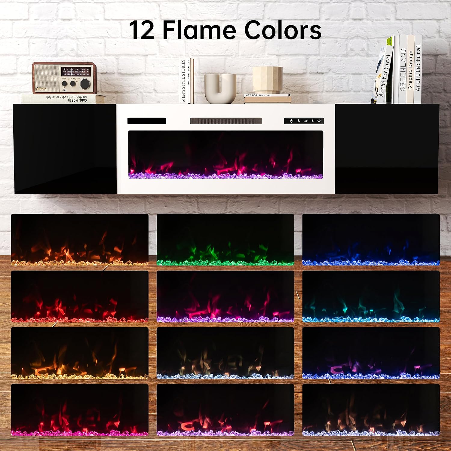 Real Relax 70' Floating TV Stand with 36' Electric Fireplace, Wall Mounted Entertainment Center with Storage, Remote Control, Modern LED Lights Fireplace TV Console for TVs Up to 80', Black/White