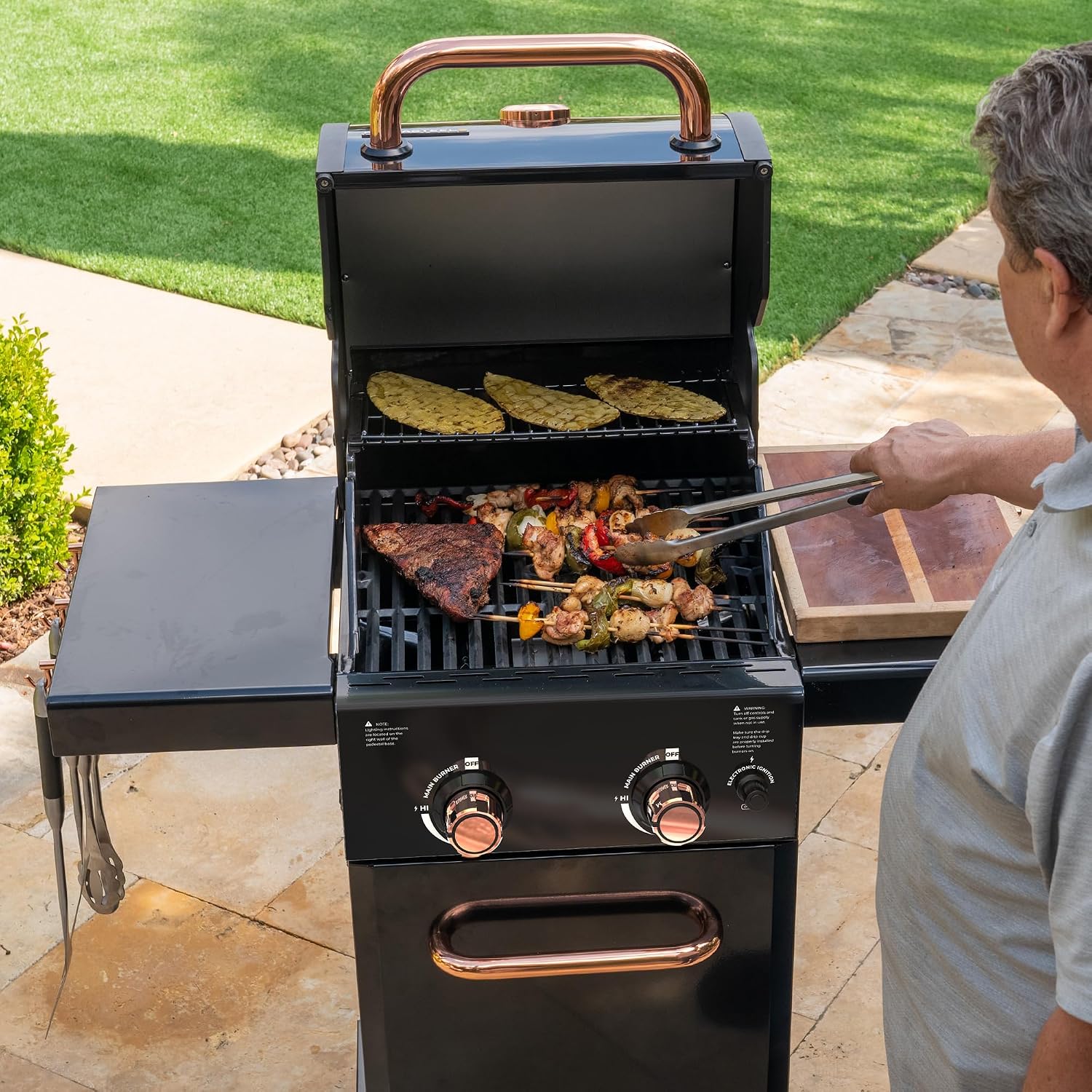 Permasteel 2-Burner Propane Gas Grill, BBQ Grill with Foldable Side Tables & Tool Hooks, Perfect for Outdoor Cooking, Patio & Garden, Black/Copper