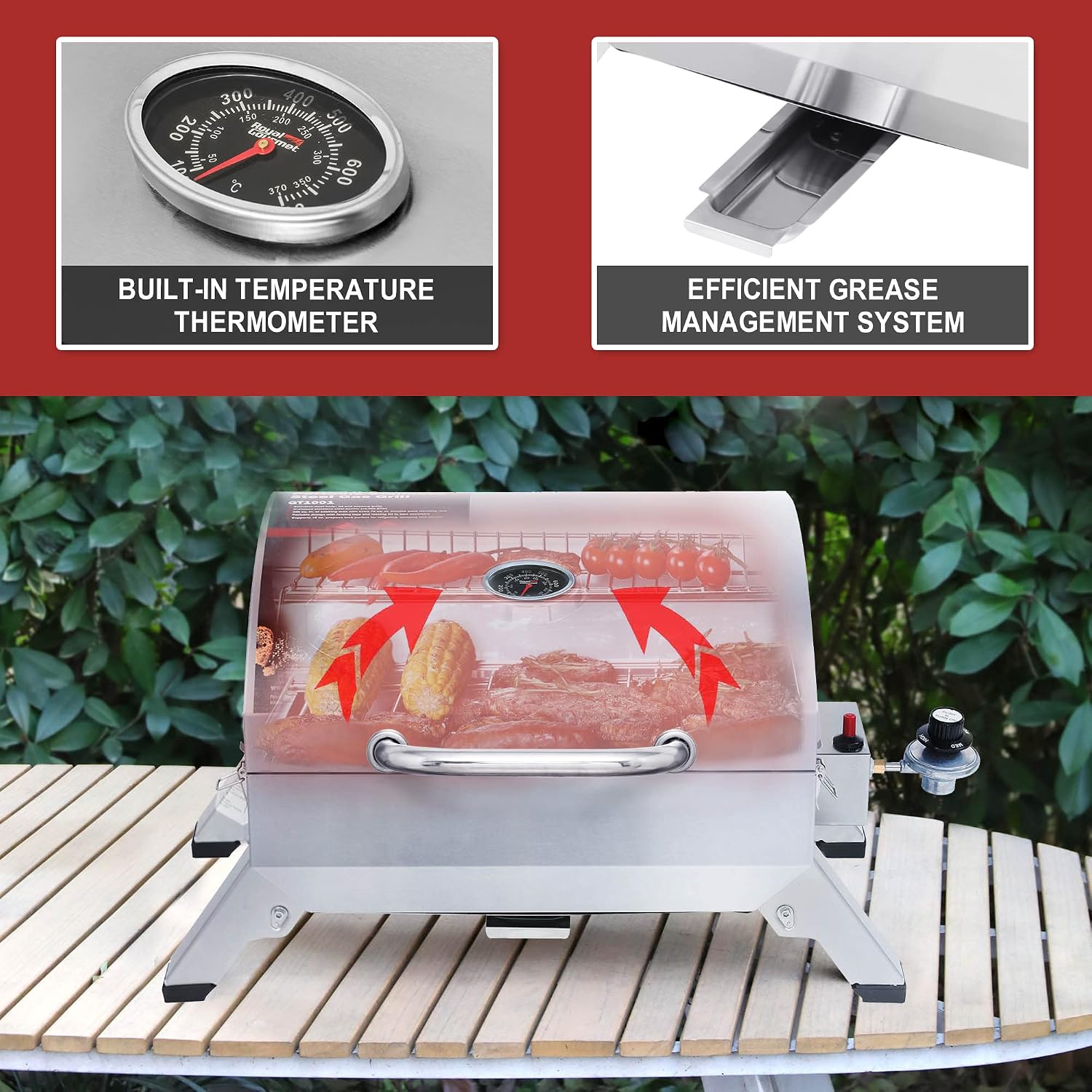 Royal Gourmet GT1001 Stainless Steel Portable Grill, 10000 BTU BBQ Tabletop Gas Grill with Folding Legs and Lockable Lid, Outdoor Camping, Deck and Tailgating, Silver