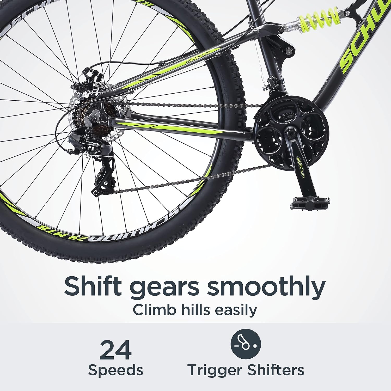 Schwinn Traxion Mountain Bike for Adult Men Women, 29-Inch Wheels, Full Suspension, 24-Speed Shimano Drivetrain, Trigger Shifter, 18-Inch Aluminum Frame, Mechanical Disc Brake, Matte Grey/Neon Green