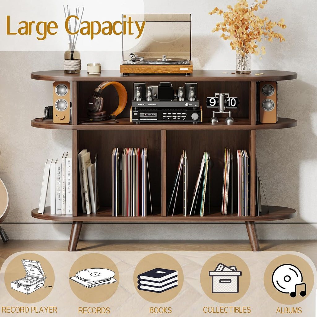 LIVEHOM Large Round Record Player Stand, Wood Record Storage Cabinet, Vinyl Record Holder with Display Area, Mid Century Modern Turntable for Living Room, Bedroom