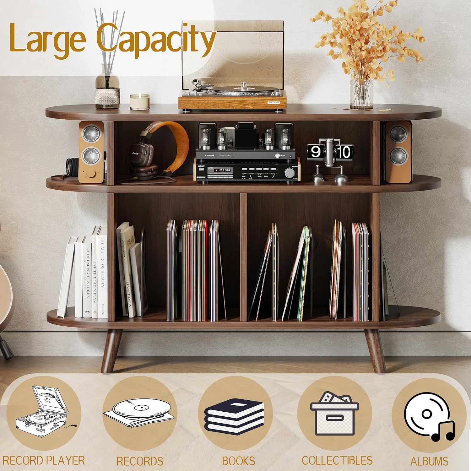LIVEHOM Large Round Record Player Stand, Wood Record Storage Cabinet, Vinyl Record Holder with Display Area, Mid Century Modern Turntable for Living Room, Bedroom