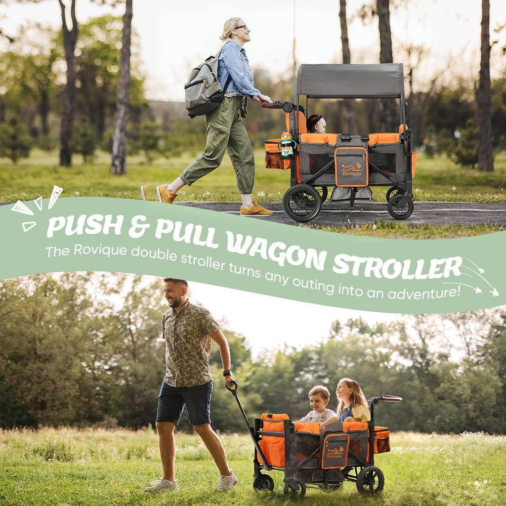 Rovique Wagon Stroller for 2 Kids, Convertible Baby Wagon with Bassinet Mode, Removable Canopy, Snack Tray, 5-Point Harness, All-Terrain PU Wheels, Adjustable Push Pull Handle (Orange)