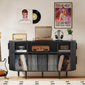 Large Record Player Stand, 55'' Wood Vinyl Record Storage Cabinet with Charging Station & USB Ports, Curved Turntable Table Open Shelf Holder Up to 300 Albums for Living Room(Black)