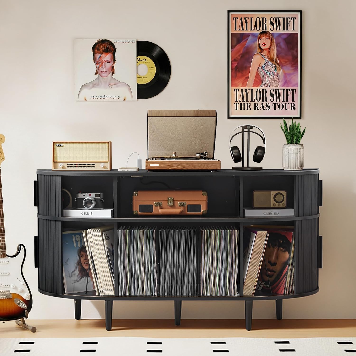 Large Record Player Stand, 55'' Wood Vinyl Record Storage Cabinet with Charging Station & USB Ports, Curved Turntable Table Open Shelf Holder Up to 300 Albums for Living Room(Black)