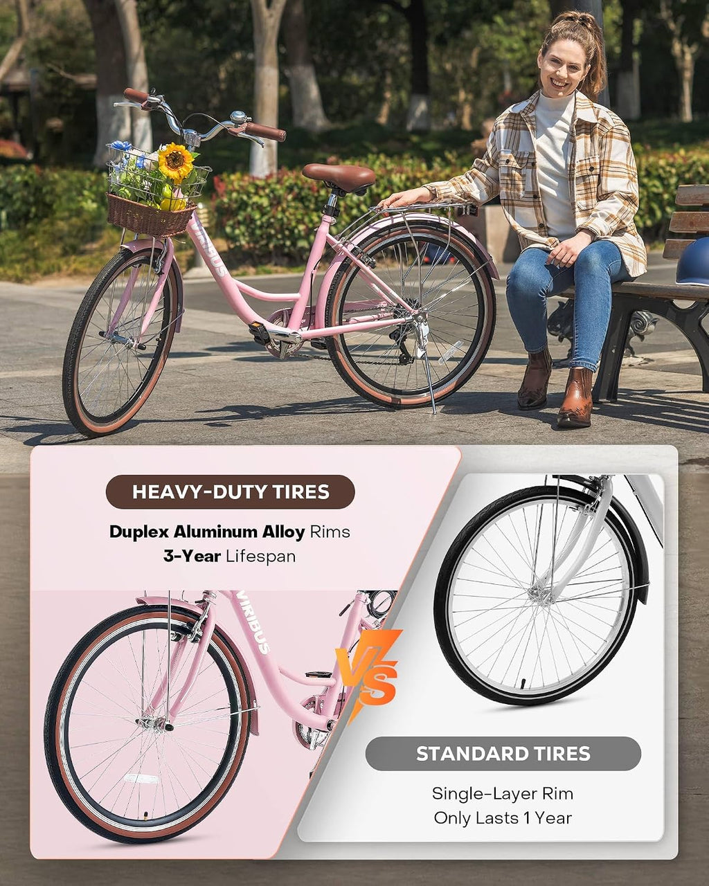 VIRIBUS Womens Cruiser Bike, 7 Speed Beach Cruiser Bike for Women, 26 inch Women Bicycle with Rattan Basket, City Commuter Vintage Retro Step Through Bicycle for Female Ladies Seniors, 330 Lb.