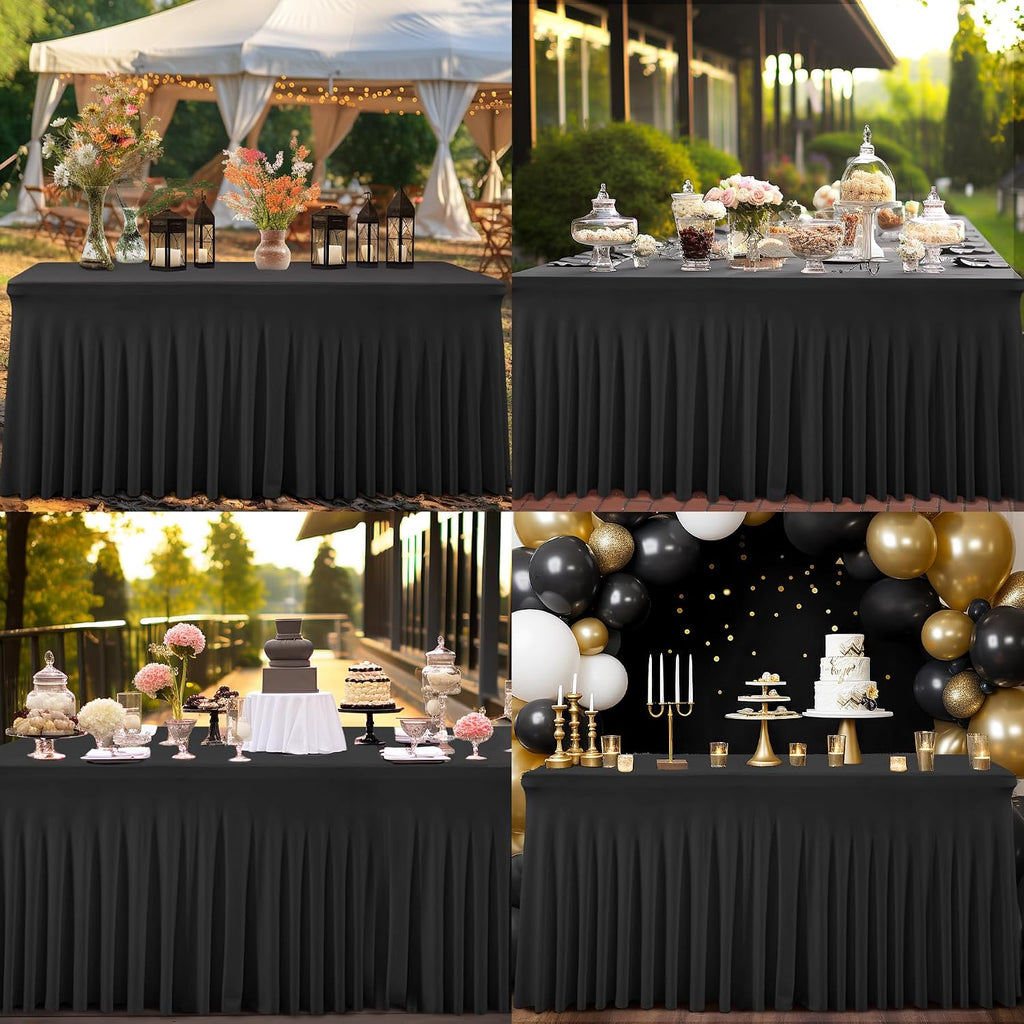 Shillance 6 Packs Black Spandex Table Covers 6 Foot, Fitted Stretch Table Cloth with Skirts 96x30 Inch, Wrinkle-Free Floor Length Rectangle Tablecloths for Trade Show Weddings Parties Banquets Events