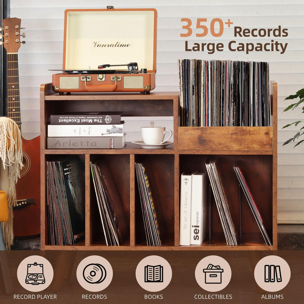 Record Player Stand, Large Record Player Table Cabinet with Open Vinyl Storage and Display Shelf Holds up to 250 Albums, Mid Century Wood Turntable for Living Room, Bedroom (Brown)