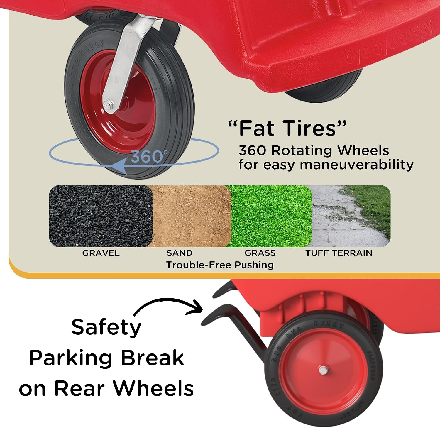Angeles Bye Bye Buggy 6 Passenger Stroller, Sturdy Daycare Stroller with Fat Tires, Easy-to-Fasten Safety Buckles, Parking Brake, & 360 Pivoting Wheels, Red with Stripe Cushions