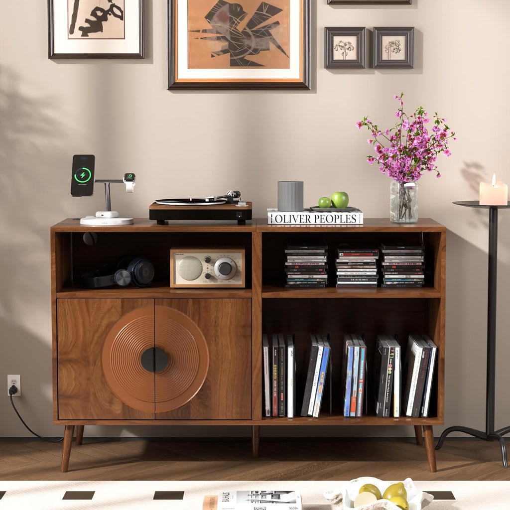 Fiogmub Large Record Player Stand, Mid Century Turntable Stand with Door, Record Player Table Holds Up to 350 Albums,Vinyl Display Shelf for Living Room (Brown)