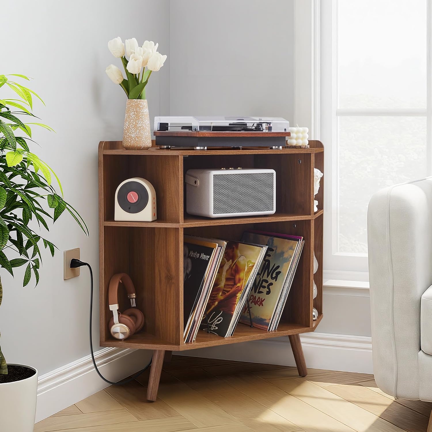 Corner Record Player Stand with Charging Station & USB Ports, 3 Tier Mid Century Modern Vinyl Record Storage Cabinet, Wood Turntable Stand for Music Room, Living Room, Small Space (Walnut)