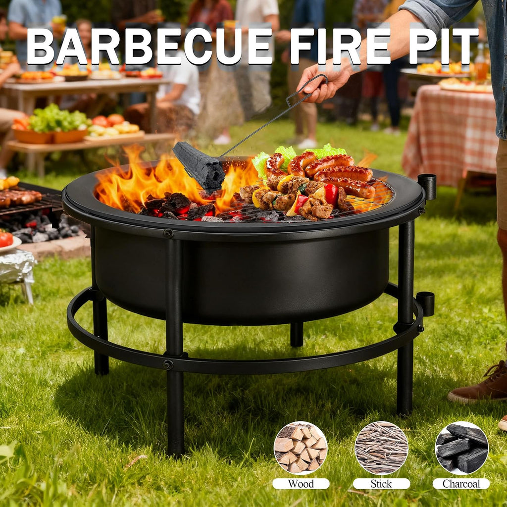 Fire Pits for Outside Wood Burning, Large Outdoor Fire Pit Stove with Roating Table and BBQ Grill, Cold Finished Steel Round Firepit Bowl with Poker, Waterproof Cover, Grill Brush