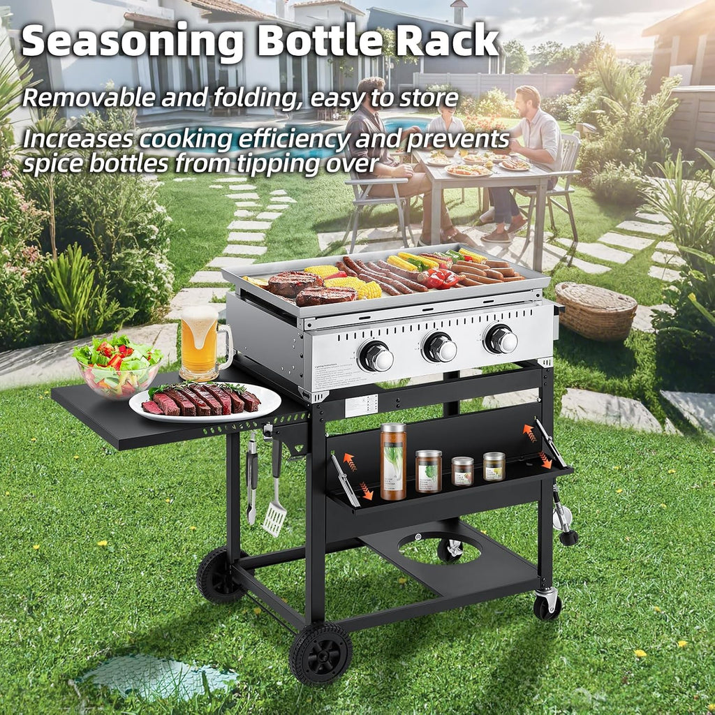 MELLCOM 3 Burner 30000 BTU Outdoor Gas Griddle with Lid (Side Shelf), Portable Flat Top Griddle 28 Inch Heavy- Duty Cast lron Grill, Bottle Rack & Grease Pan for Camping, Picnic, Patio