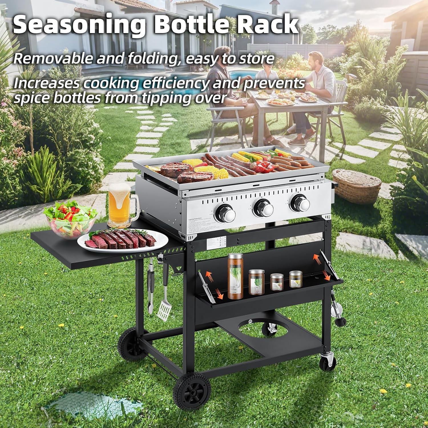MELLCOM 3 Burner 30000 BTU Outdoor Gas Griddle with Lid (Side Shelf), Portable Flat Top Griddle 28 Inch Heavy- Duty Cast lron Grill, Bottle Rack & Grease Pan for Camping, Picnic, Patio