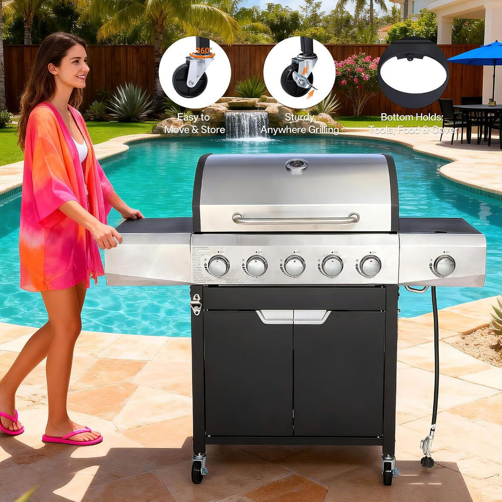Endark 5-Burner 58,500 BTU Stainless Steel Outdoor Propane Gas Grill with Side Burner & Porcelain Grates | Wheeled BBQ Grill for Patio, Garden, Backyard