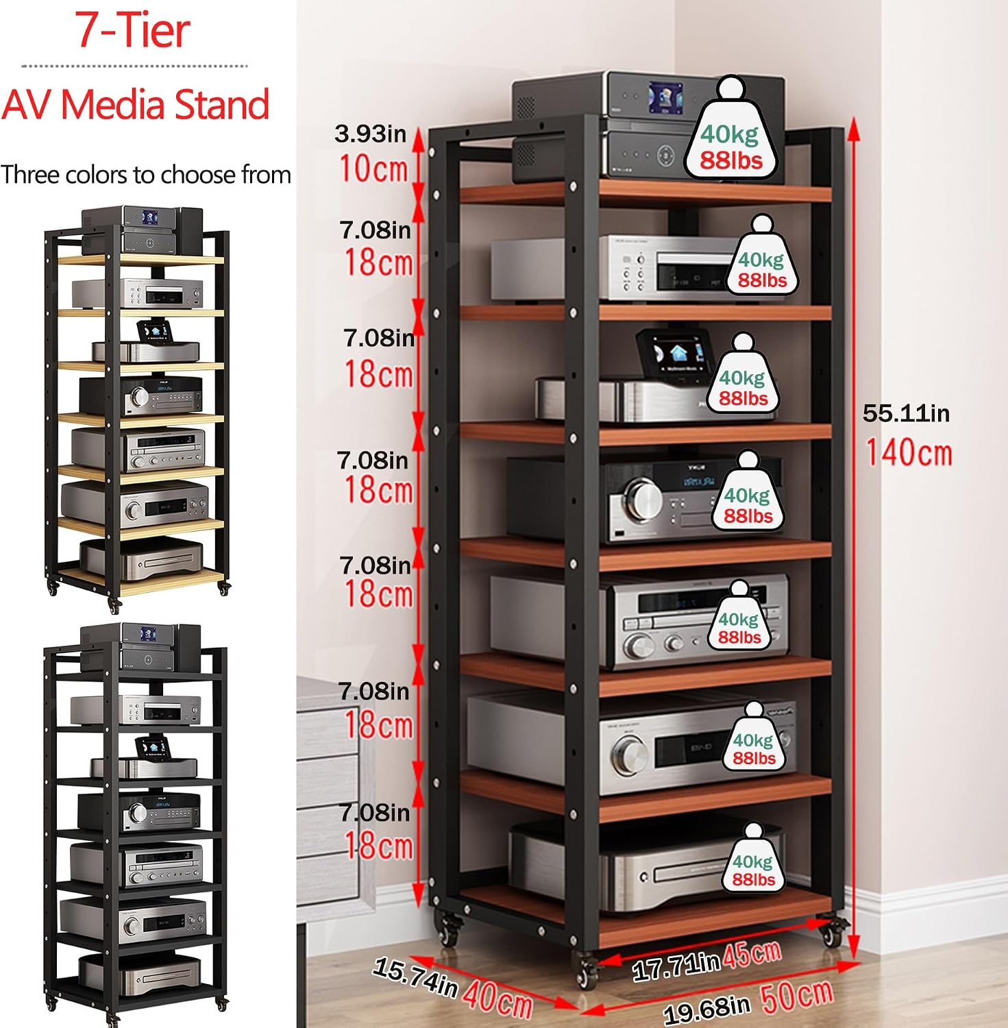 Modern Media Storage Cabinet - Adjustable Height Audio Rack & Stereo Stand, 5/6/7 Shelves for Video Game Consoles & Entertainment Components - Ideal for Home, Office & Theater (Wood Finish)