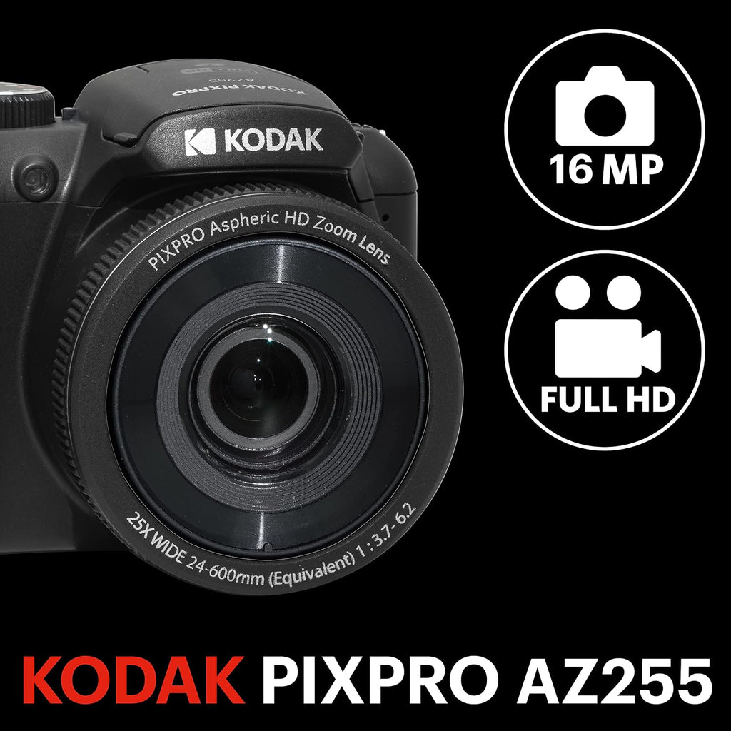 Kodak PIXPRO AZ255-BK 16MP Digital Camera 25X Optical Zoom 24mm Wide Angle Lens Optical Image Stabilization 1080P Full HD Video 3' LCD Vlogging Camera (Black)