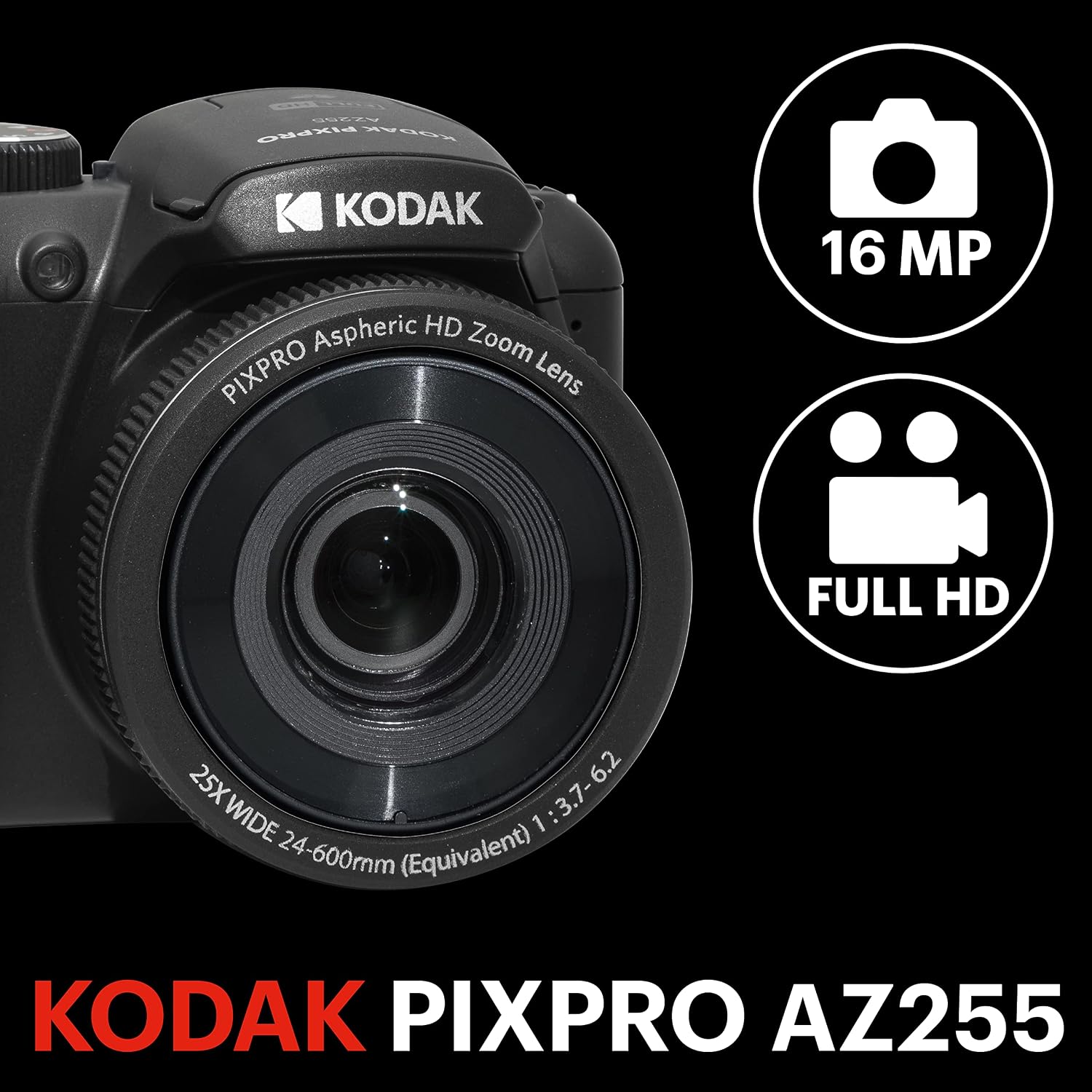 Kodak PIXPRO AZ255-BK 16MP Digital Camera 25X Optical Zoom 24mm Wide Angle Lens Optical Image Stabilization 1080P Full HD Video 3' LCD Vlogging Camera (Black)