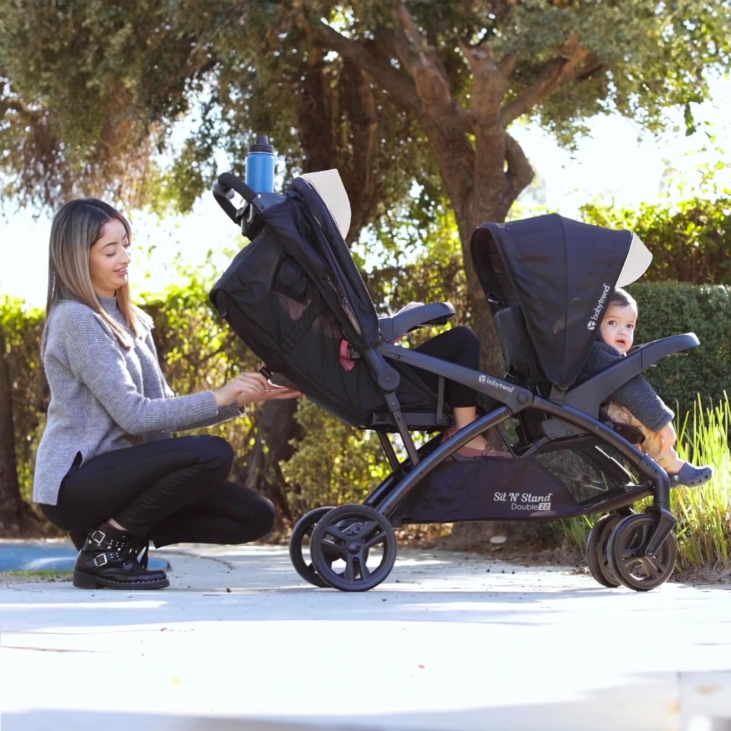 Baby Trend Sit N' Stand Tandem Double Stroller 2.0 DLX and 5 Point Safety Harness, Shaded Canopy, Storage Compartment, and 2 Cup Holders, Modern Khaki