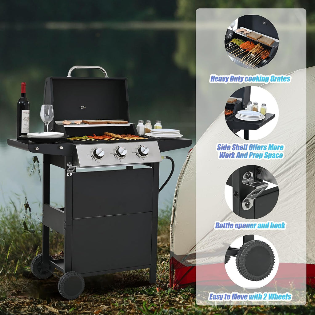Endark Propane Gas Grill 3-Burner,26,000 BTU Stainless BBQ Grill with Porcelain-Enameled Cooking Grates,Built-In Thermometer,Includes Side Shelf and Wheels,Ideal for Backyard,Patio,Outdoor Cooking