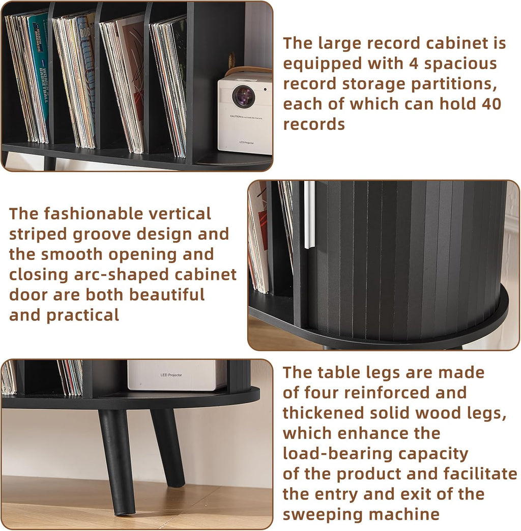 LELELINKY Large Round Record Player Stand with Charging Station & Fluted Display Shelf, Black Mid Century Modern Turntable Cabinet with Vinyl Storage, Arched Wood Record Player Table for Living Room