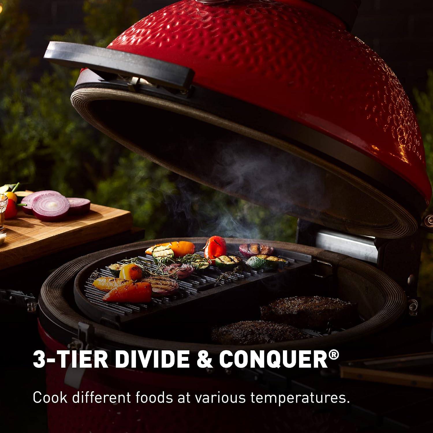 Kamado Joe® Classic Joe™ Series III 18-inch Charcoal Grill & Smoker, Red, with Cart, Side Shelves, Grill Gripper, and Ash Tool, 3 Tier Cooking System, Stainless Steel Cooking Grates, Model KJ15040921