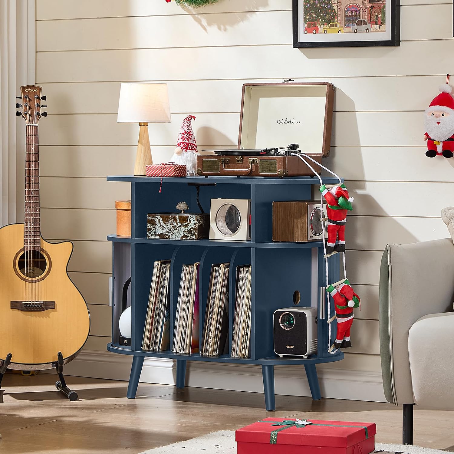 LELELINKY Large Round Record Player Stand with Charging Station & Fluted Panel,Navy Blue Mid Century Modern Turntable Cabinet with Vinyl Storage, Arched Wood Record Player Table for Living Room