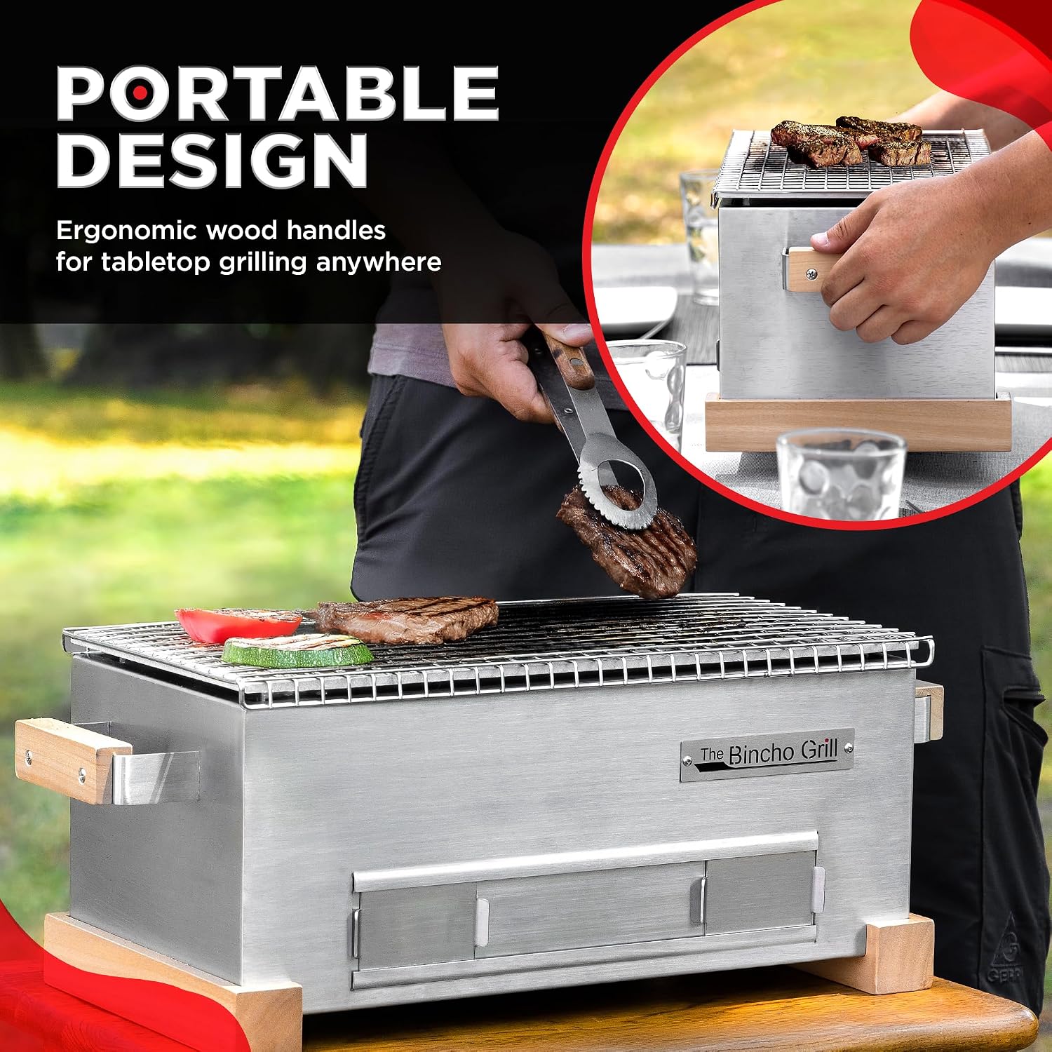 The Bincho Grill 16' Mini Yakitori Grill – Stainless Steel Mini Tabletop Charcoal BBQ with Charcoal Box, Optimized Airflow & Cool-Touch Base - Perfect for Japanese Grilling, Skewers, Meat, Seafood