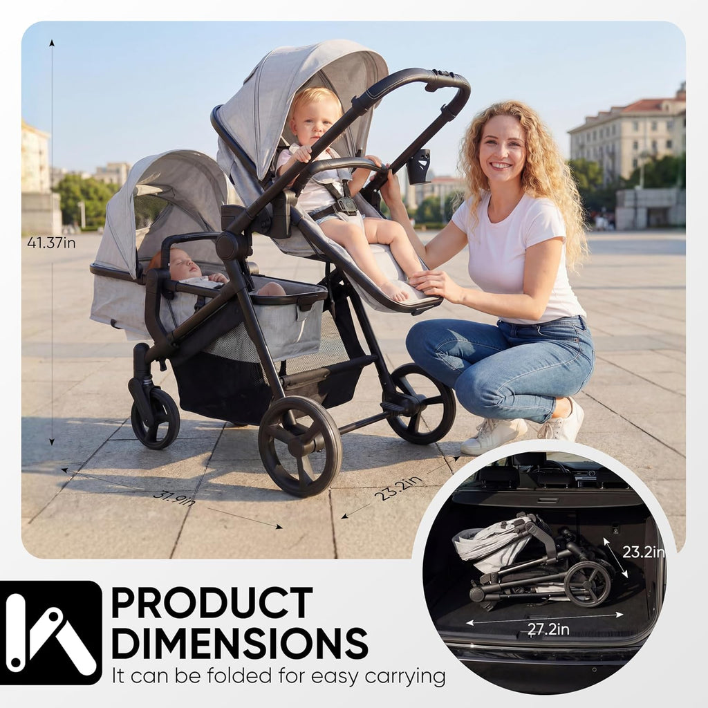 Double Stroller for Twins Infants and Toddlers, Foldable Tandem, Convertible Twin to Single Stroller, Compact Light Weight， Ages 0-3 Years (B0G1Y96QXZ)