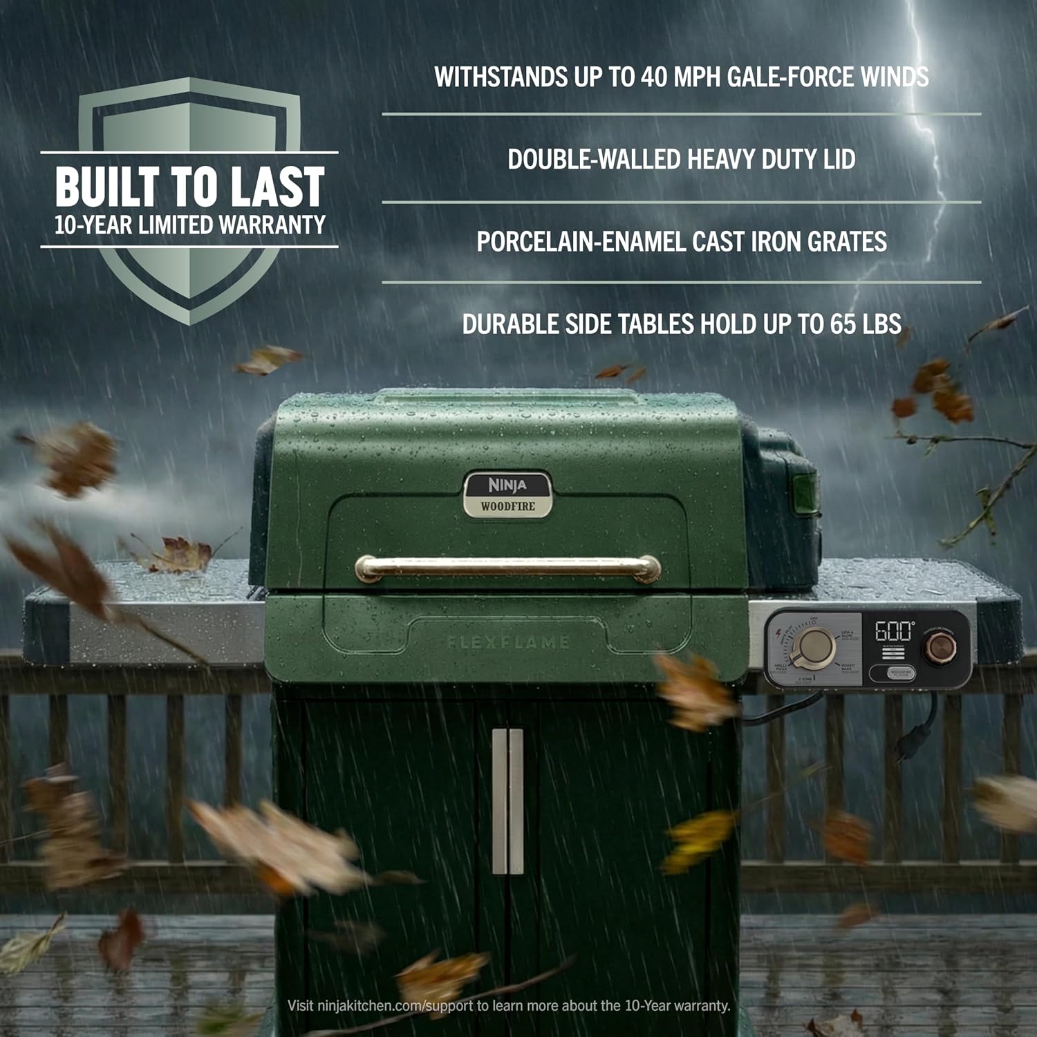 Ninja FlexFlame Grill and Smoker | Electric and Propane Grill, Roaster, BBQ Grill | 5-in-1 Cooking System | 3 Burner | Digital Control | Outdoor Cooking, Griddle, Pizza Maker | Green | PG301GN